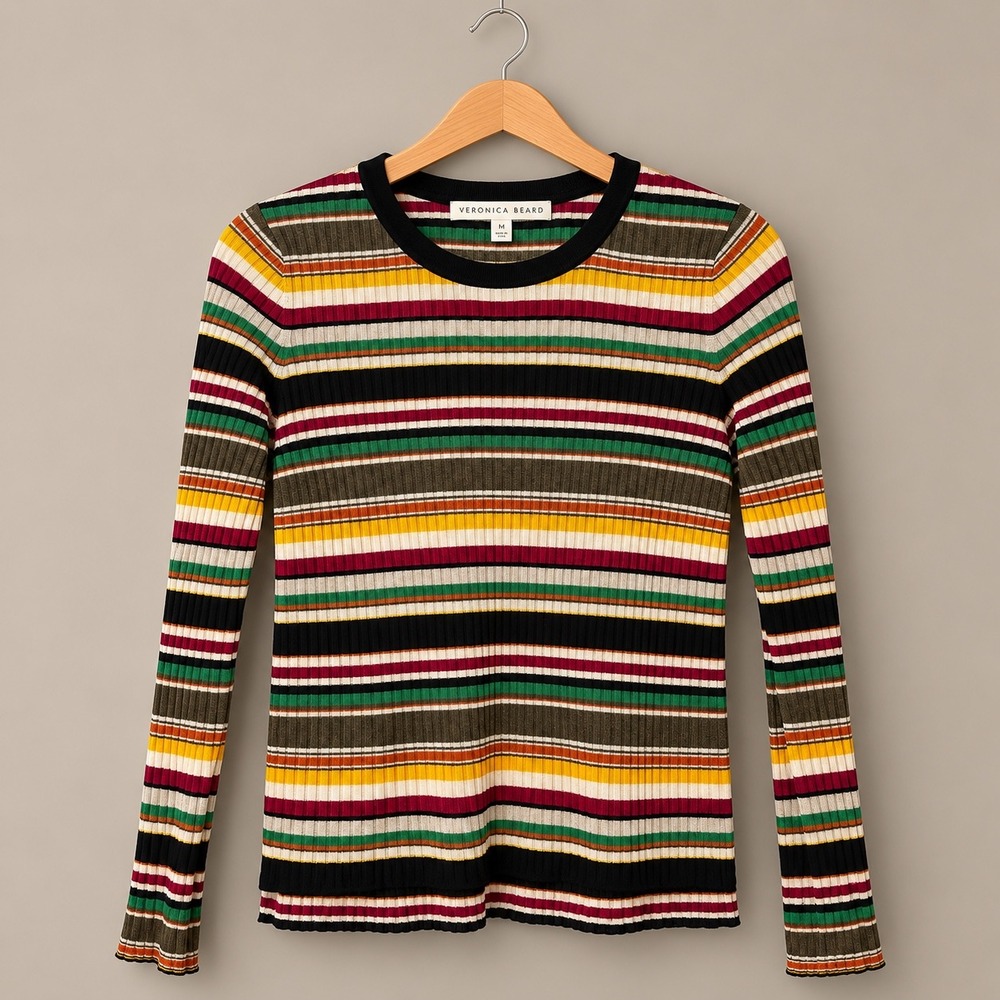 Veronica Beard Kerr Metallic Stripe Ribbed Knit Top Size S Autumn Fall Retro